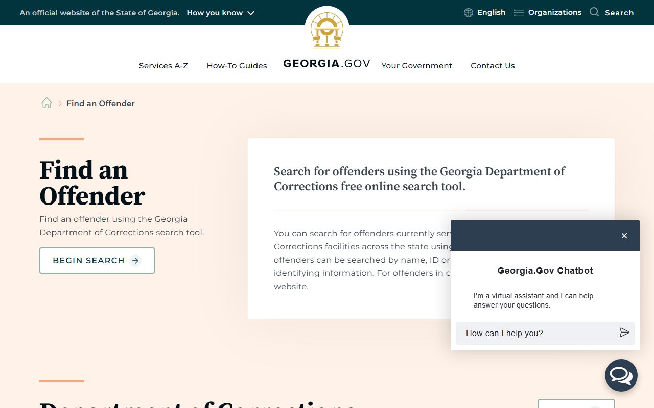 Georgia Find an Offender locator page